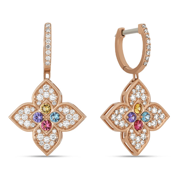"VENETIAN PRINCESS"18ct ROSE GOLD DIAMOND, RUBY, TANZANITE, SWISS BLUE TOPAZ, RUBELLITE, CITRINE EARRINGS (Image 1)