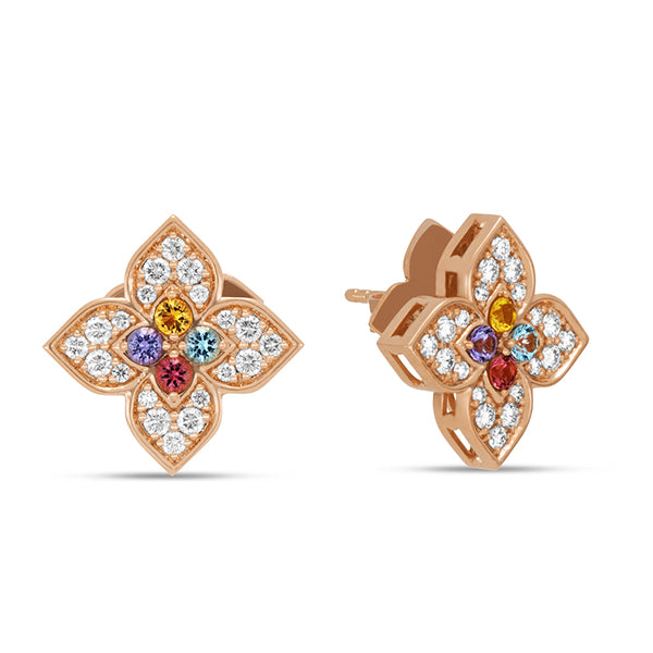 "VENETIAN PRINCESS"18ct ROSE GOLD DIAMOND, RUBY, TANZANITE, SWISS BLUE TOPAZ, RUBELLITE, CITRINE EARRINGS (Image 1)