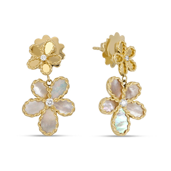 "JASMINE" 18ct YELLOW GOLD DIAMOND, MOTHER OF PEARL & RUBY EARRINGS (Image 1)