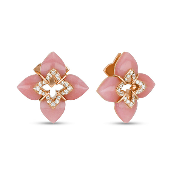 "VENETIAN PRINCESS" 18ct YELLOW GOLD PINK OPAL & ROUND BRILLIANT CUT DIAMOND STUD EARRINGS (Image 1)