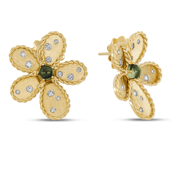 "JASMINE" 18ct YELLOW GOLD GREEN TOURMALINE, DIAMOND & RUBY EARRINGS (Image 1)