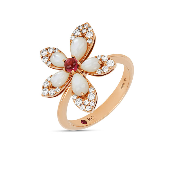 ROBERTO COIN "TIARE" 18ct ROSE GOLD DIAMOND, MOTHER OF PEARL, RUBELLITE & RUBY RING (Image 1)