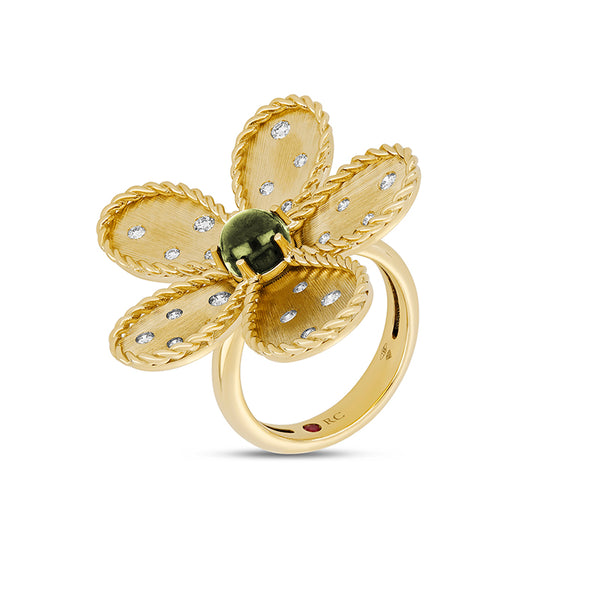 "JASMINE" 18ct YELLOW GOLD GREEN TOURMALINE, DIAMOND & RUBY RING (Image 1)