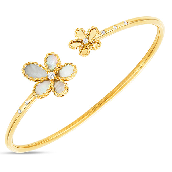 "JASMINE" 18ct YELLOW GOLD DIAMOND, MOTHER OF PEARL & RUBY BANGLE 45X55MM (Image 1)