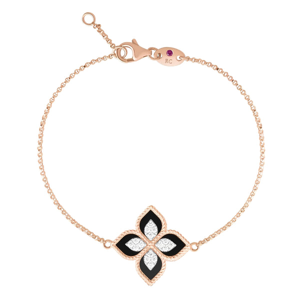 ROBERTO COIN PRINCESS FLOWER 18CT ROSE & WHITE GOLD BLACK JADE & DIAMOND BRACELET (Image 1)