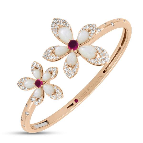 "TIARE" 18ct ROSE GOLD MOTHER OF PEARL, DIAMOND, RUBELLITE & RUBY BANGLE (Image 1)