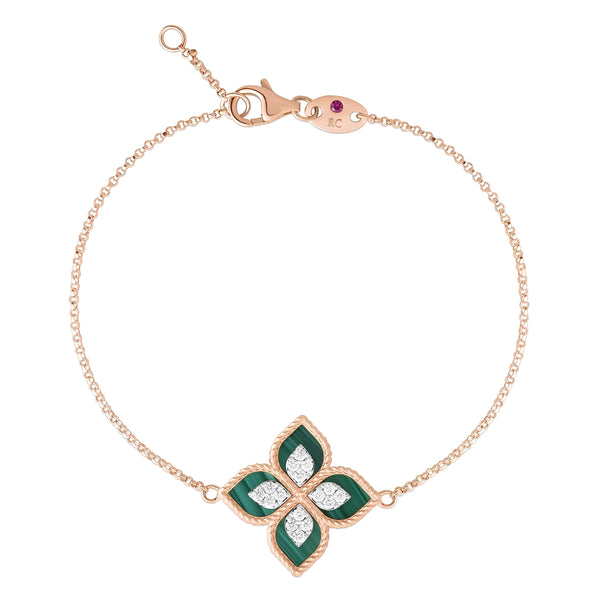 ROBERTO COIN 'PRINCESS FLOWER' 18CT ROSE AND WHITE GOLD MALACHITE AND DIAMOND BRACELET (Image 1)