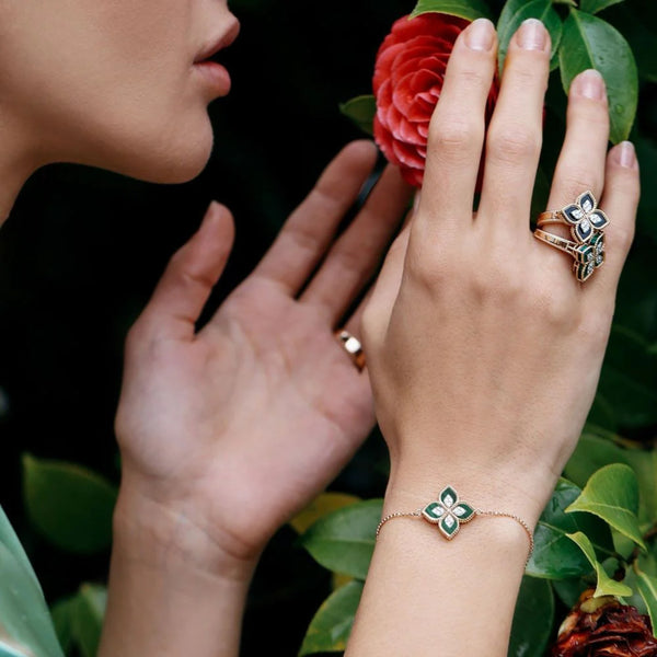 ROBERTO COIN 'PRINCESS FLOWER' 18CT ROSE AND WHITE GOLD MALACHITE AND DIAMOND BRACELET (Image 2)