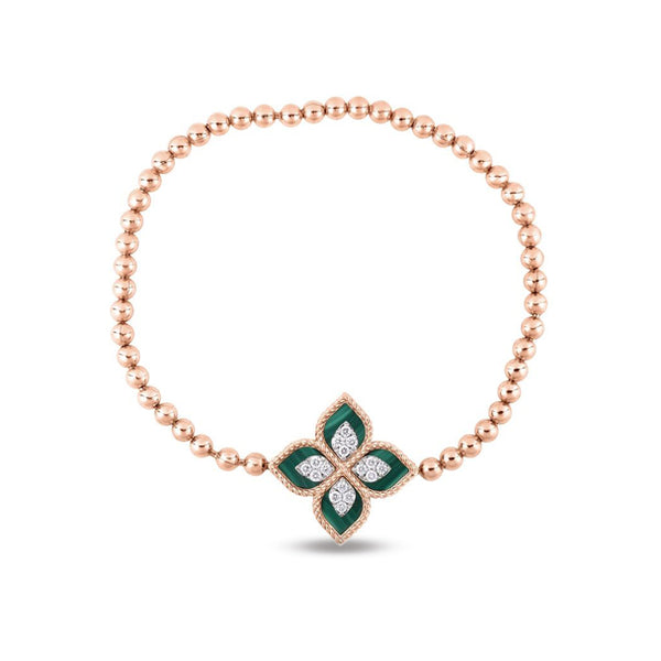 ROBERTO COIN 'PRINCESS FLOWER' 18CT ROSE AND WHITE GOLD MALACHITE AND DIAMOND BRACELET (Image 1)