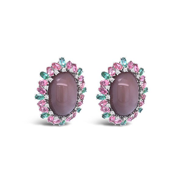 18CT WHITE GOLD, MOONSTONE, PINK AND GREEN TOURMALINE AND DIAMOND EARRINGS (Image 3)