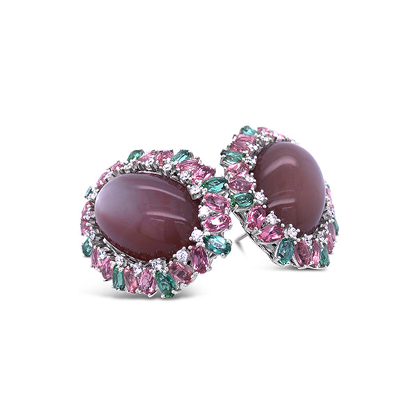 18CT WHITE GOLD, MOONSTONE, PINK AND GREEN TOURMALINE AND DIAMOND EARRINGS (Image 1)