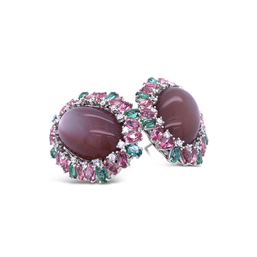 18CT WHITE GOLD, MOONSTONE, PINK AND GREEN TOURMALINE AND DIAMOND EARRINGS