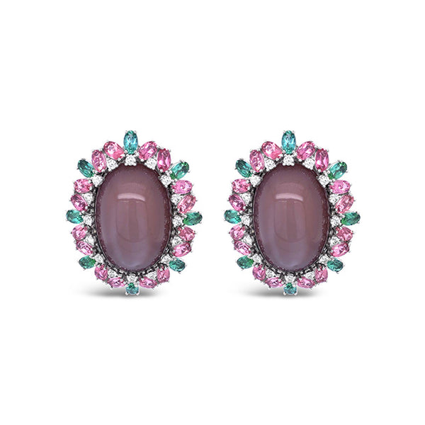 18CT WHITE GOLD, MOONSTONE, PINK AND GREEN TOURMALINE AND DIAMOND EARRINGS (Image 2)