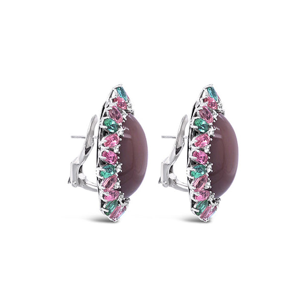 18CT WHITE GOLD, MOONSTONE, PINK AND GREEN TOURMALINE AND DIAMOND EARRINGS (Image 4)