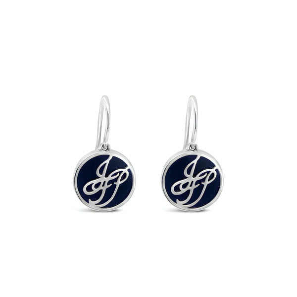18CT WHITE GOLD ONYX "JFP" DROP EARRINGS (Image 1)