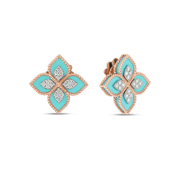 ROBERTO COIN 'PRINCESS FLOWER' TURQUOISE AND DIAMOND EARRINGS (Image 1)