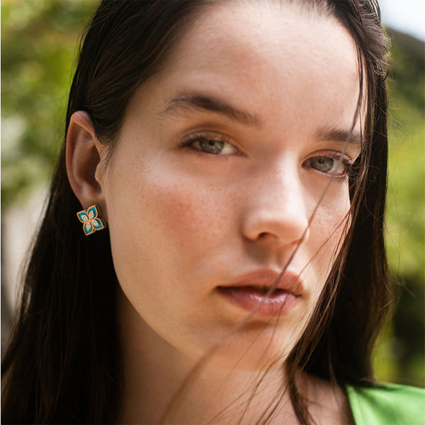 ROBERTO COIN 'PRINCESS FLOWER' TURQUOISE AND DIAMOND EARRINGS (Image 2)