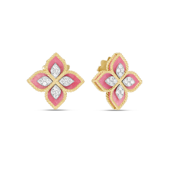 ROBERTO COIN 'PRINCESS FLOWER' RHODONITE AND DIAMOND EARRINGS (Image 1)