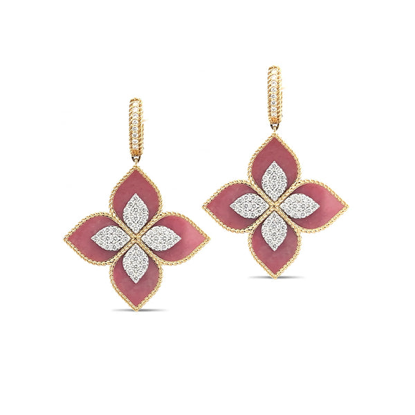 ROBERTO COIN 'PRINCESS FLOWER' RHODONITE AND DIAMOND DROP EARRINGS (Image 1)