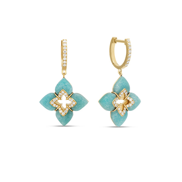 ROBERTO COIN VENETIAN PRINCESS 18CT YELLOW GOLD AMAZONITE & DIAMOND EARRINGS (Image 1)