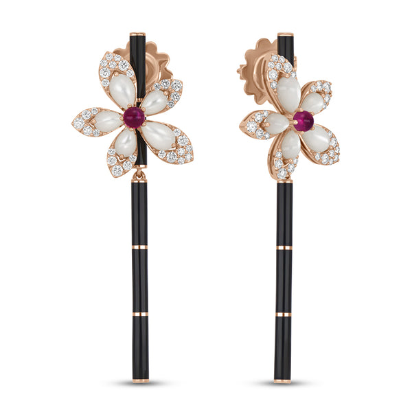 ROBERTO COIN "TIARE" 18ct ROSE GOLD DIAMOND, MOTHER OF PEARL, RUBELLITE & RUBY & BLACK CERAMIC DROP EARRINGS (Image 1)