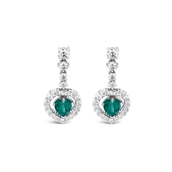 18CT WHITE GOLD COLOMBIAN EMERALD AND DIAMOND DROP EARRINGS (Image 1)