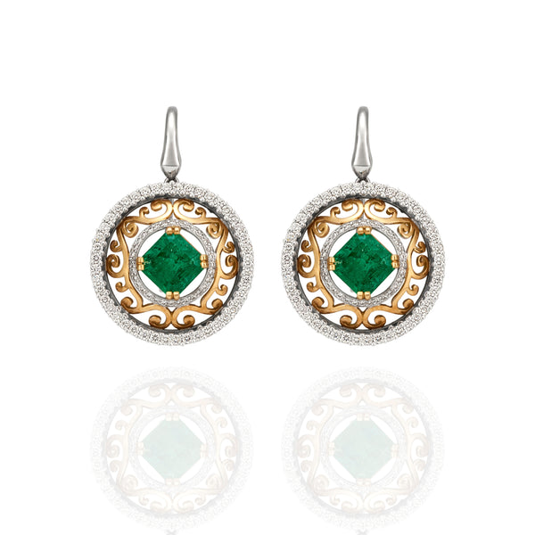18CT YELLOW GOLD AND WHITE GOLD COLOMBIAN EMERALD AND DIAMOND DROP EARRINGS (Image 1)