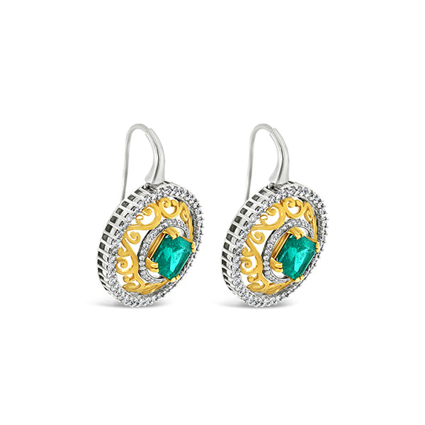 18CT YELLOW GOLD AND WHITE GOLD COLOMBIAN EMERALD AND DIAMOND DROP EARRINGS (Image 2)