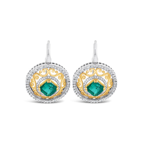 18CT YELLOW GOLD AND WHITE GOLD COLOMBIAN EMERALD AND DIAMOND DROP EARRINGS (Image 1)