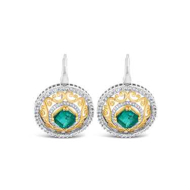 18CT YELLOW GOLD AND WHITE GOLD COLOMBIAN EMERALD AND DIAMOND DROP EARRINGS