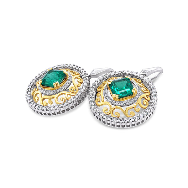 18CT YELLOW GOLD AND WHITE GOLD COLOMBIAN EMERALD AND DIAMOND DROP EARRINGS (Image 3)