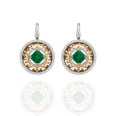 18CT YELLOW GOLD AND WHITE GOLD COLOMBIAN EMERALD AND DIAMOND DROP EARRINGS