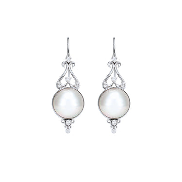 18CT WHITE GOLD MABE PEARL AND DIAMOND DROP EARRINGS