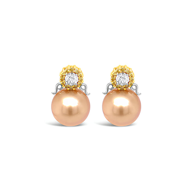 18CT YELLOW GOLD AND WHITE GOLD DIAMOND AND GOLDEN SOUTH SEA PEARL EARRINGS (Image 1)