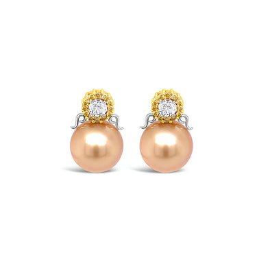 18CT YELLOW GOLD AND WHITE GOLD DIAMOND AND GOLDEN SOUTH SEA PEARL EARRINGS