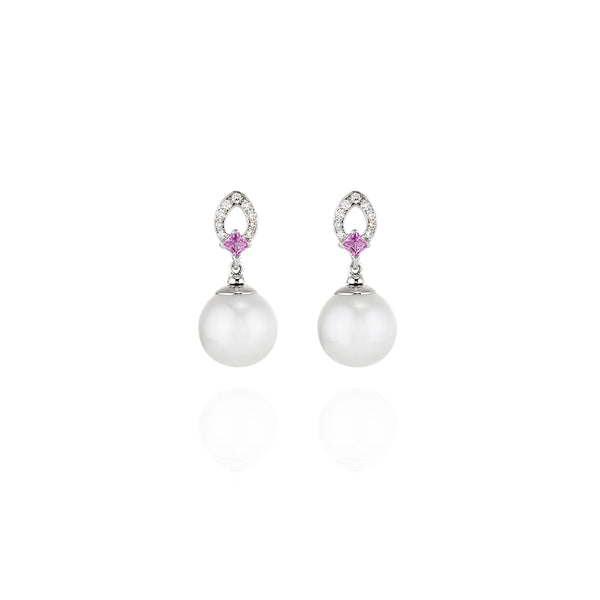 AUTORE 18CT WHITE GOLD SOUTH SEA PEARL, PINK SAPPHIRE & DIAMOND DROP EARRINGS (Image 1)