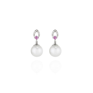 AUTORE 18CT WHITE GOLD SOUTH SEA PEARL, PINK SAPPHIRE & DIAMOND DROP EARRINGS