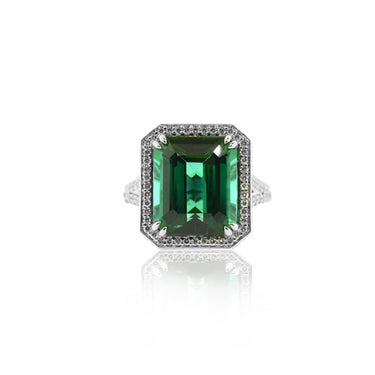 18CT WHITE GOLD GREEN TOURMALINE & DIAMOND RING