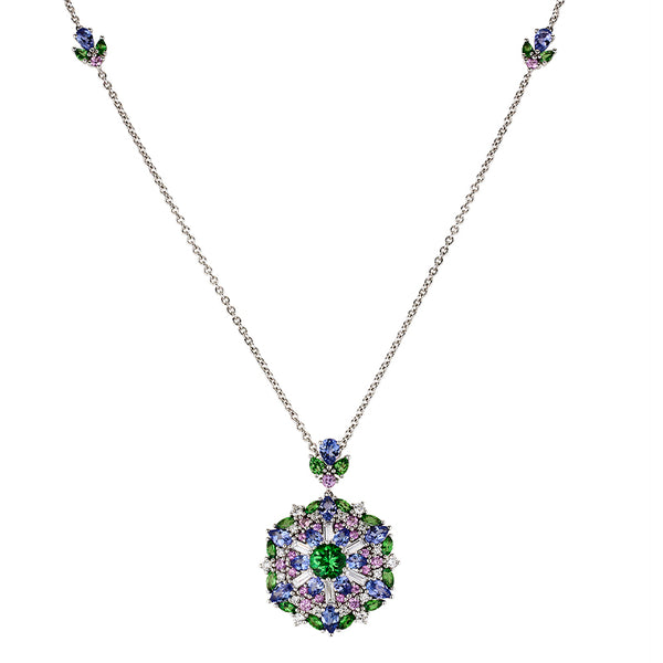 18CT WHITE GOLD DIAMOND, PINK SAPPHIRE, TANZANITE & TSAVORITE NECKLACE (Image 1)