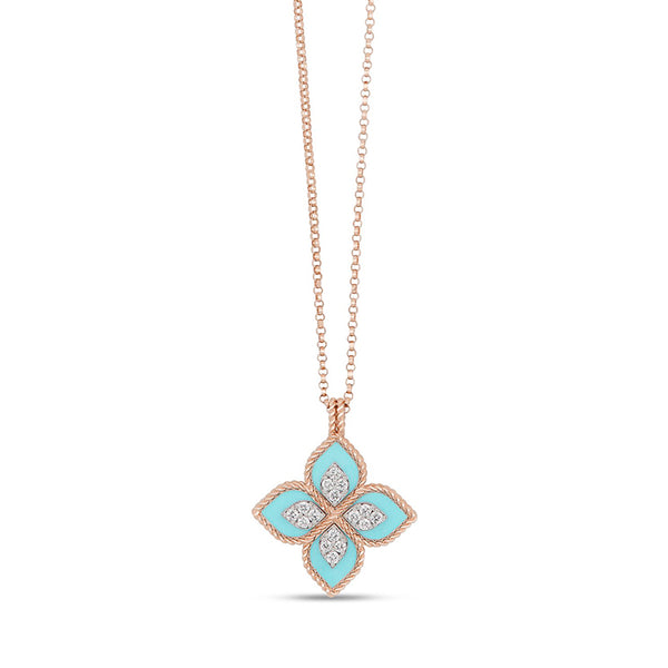 ROBERTO COIN 'PRINCESS FLOWER' 18CT ROSE & WHITE GOLD TURQUOISE & DIAMOND NECKLACE (Image 1)