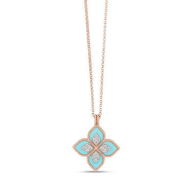 ROBERTO COIN 'PRINCESS FLOWER' 18CT ROSE & WHITE GOLD TURQUOISE & DIAMOND NECKLACE