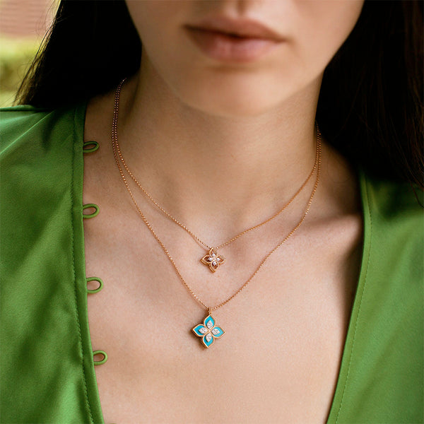 ROBERTO COIN 'PRINCESS FLOWER' 18CT ROSE & WHITE GOLD TURQUOISE & DIAMOND NECKLACE (Image 5)