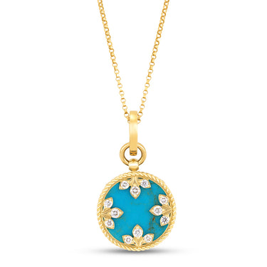 ROBERTO COIN VENETIAN MEDALLIONS 18CT YELLOW GOLD DIAMOND, TURQUOISE & RUBY NECKLACE