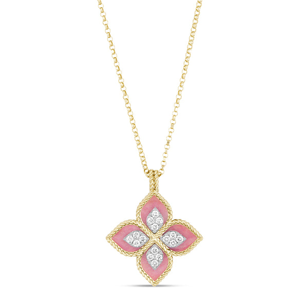 ROBERTO COIN PRINCESS FLOWER 18CT YELLOW & WHITE GOLD RHODONITE & DIAMOND NECKLACE (Image 1)