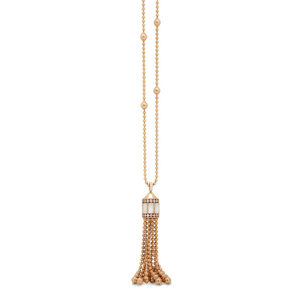 ROBERTO COIN 'ART DECO' 18CT ROSE GOLD WHITE MOTHER OF PEARL AND DIAMOND TASSEL NECKLACE 86CM (Image 1)
