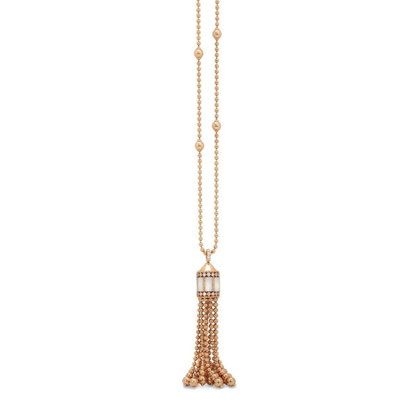 ROBERTO COIN 'ART DECO' 18CT ROSE GOLD WHITE MOTHER OF PEARL AND DIAMOND TASSEL NECKLACE 86CM (Image 1)