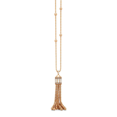 ROBERTO COIN 'ART DECO' 18CT ROSE GOLD WHITE MOTHER OF PEARL AND DIAMOND TASSEL NECKLACE 86CM