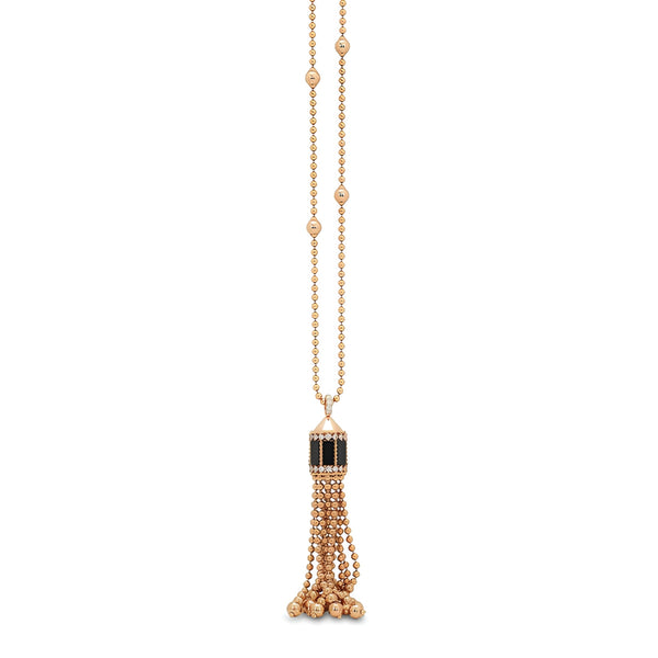 ROBERTO COIN 'ART DECO' 18CT ROSE GOLD BLACK JADE AND DIAMOND TASSEL NECKLACE 85CM (Image 1)