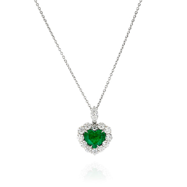 18CT WHITE GOLD HEART SHAPED COLOMBIAN EMERALD & DIAMOND NECKLACE (Image 1)