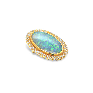 18CT YELLOW GOLD OPAL AND DIAMOND SET BROOCH